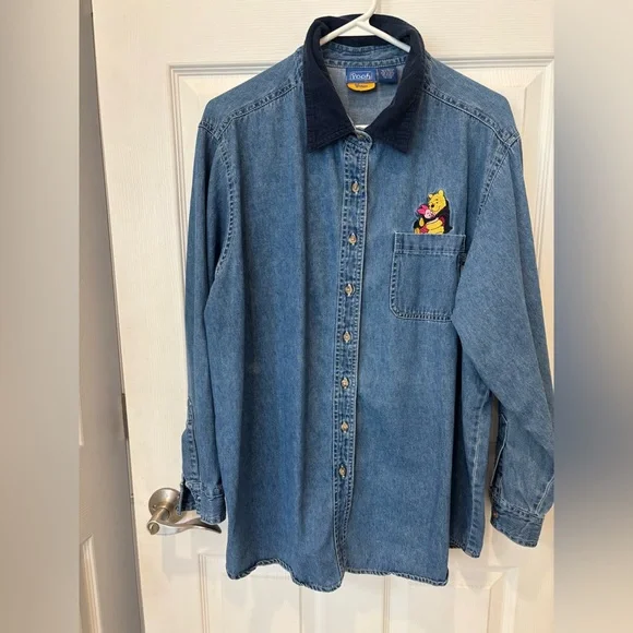 Vintage Disney Pooh Denim Button-Up Shirt with Embroidered Winnie the Pooh - Picture 1 of 6
